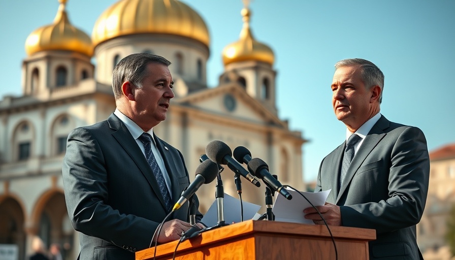 Two men at outdoor press conference discussing serious matters.