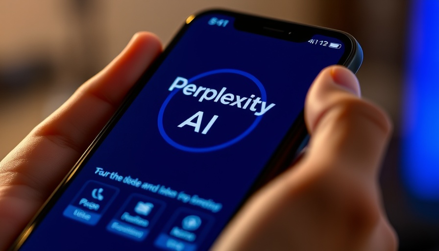 Smartphone showing Perplexity AI app, glowing screen background.