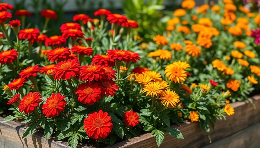 Vibrant garden bed with companion planting flowers in a wooden box.