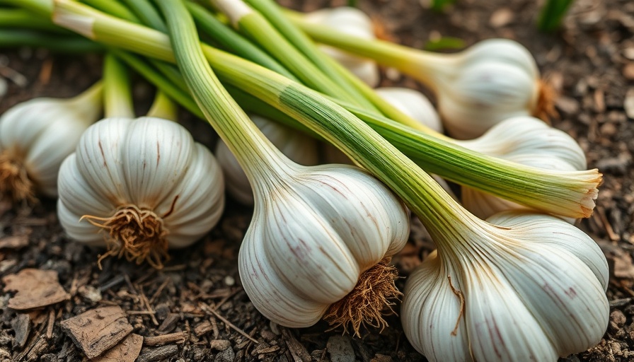 Fresh garlic bulbs resting in a garden setting.