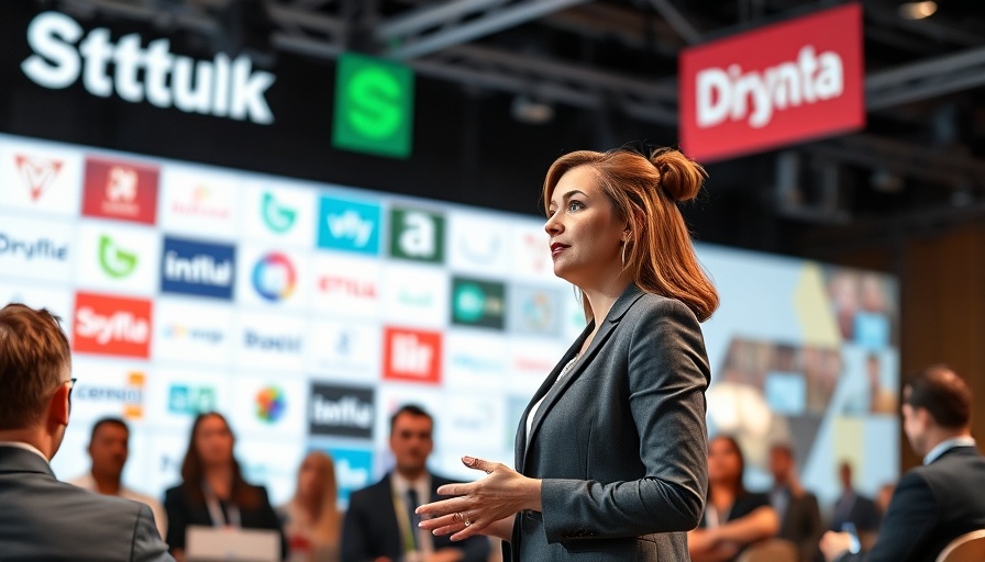 Businesswoman presenting at Startup Battlefield 200, confident on stage.