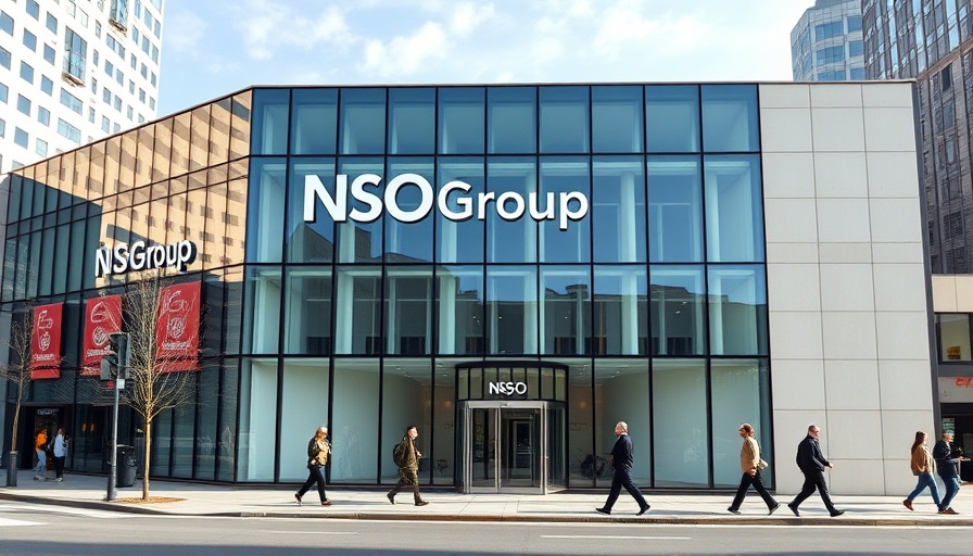 NSO Group building facade with people entering, clear sky.