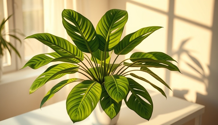 Lush tropical houseplant casting shadows on sunlit wall, perfect for home decor.