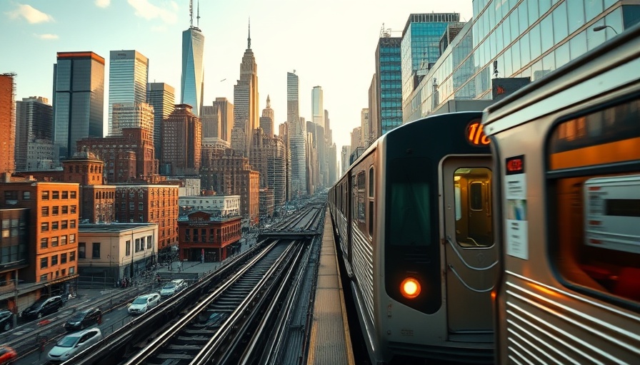 Queens NY subway train with skyline backdrop, unique city scene.