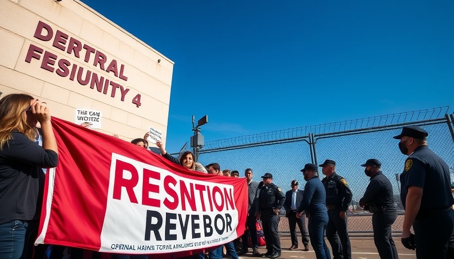 Protest gathering outside detention facility with banner, immigration detainee wages lawsuit context.