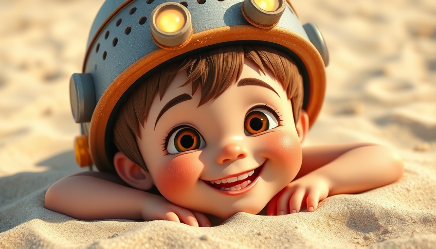 Animated boy on beach, playful and colorful, summer movies 2025.