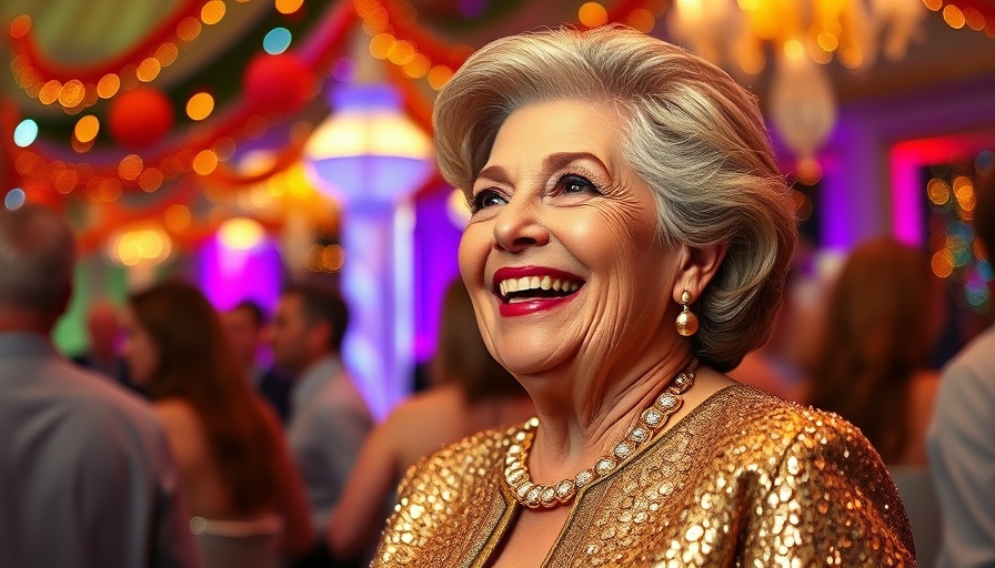 Renée Victor Coco, joyful in gold, at a festive event.