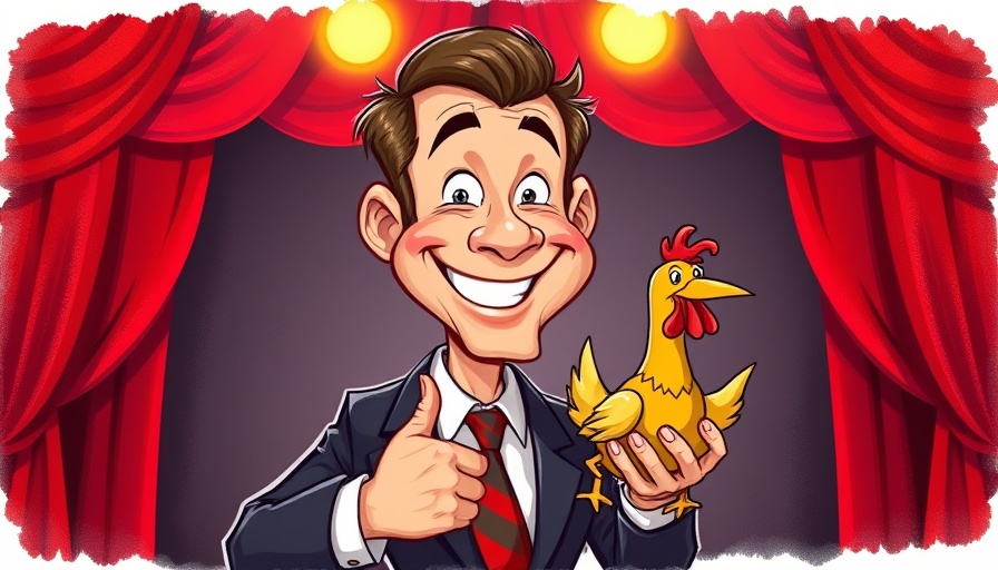 Cartoon of a smiling man with rubber chicken on stage, spotlight