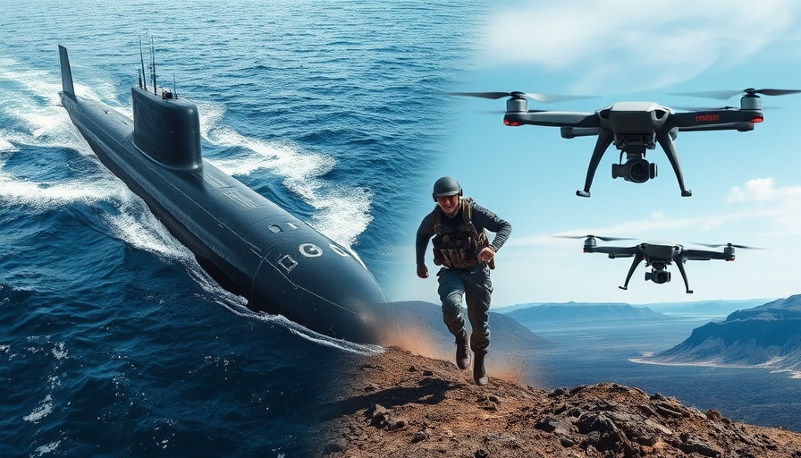Britain's military future technology showcased with submarine, soldier, and drone.
