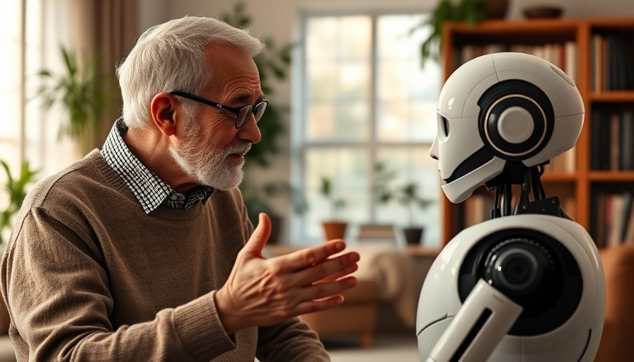 Older man discusses with humanoid robot in cozy room, AI therapy theme.