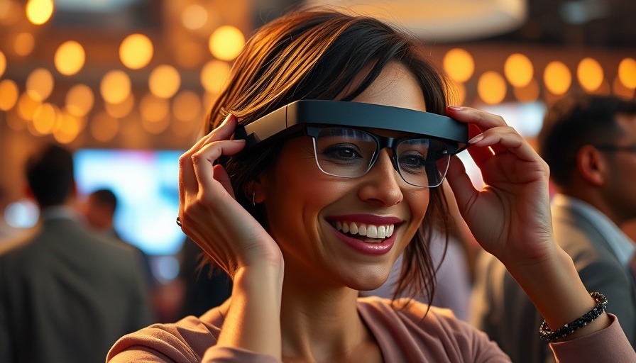 Woman using Google Glass Android XR Smart Glasses at a lively event.