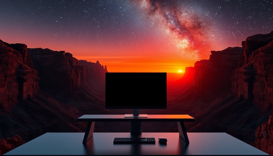Futuristic AI in IT startup desktop against a canyon sunset.