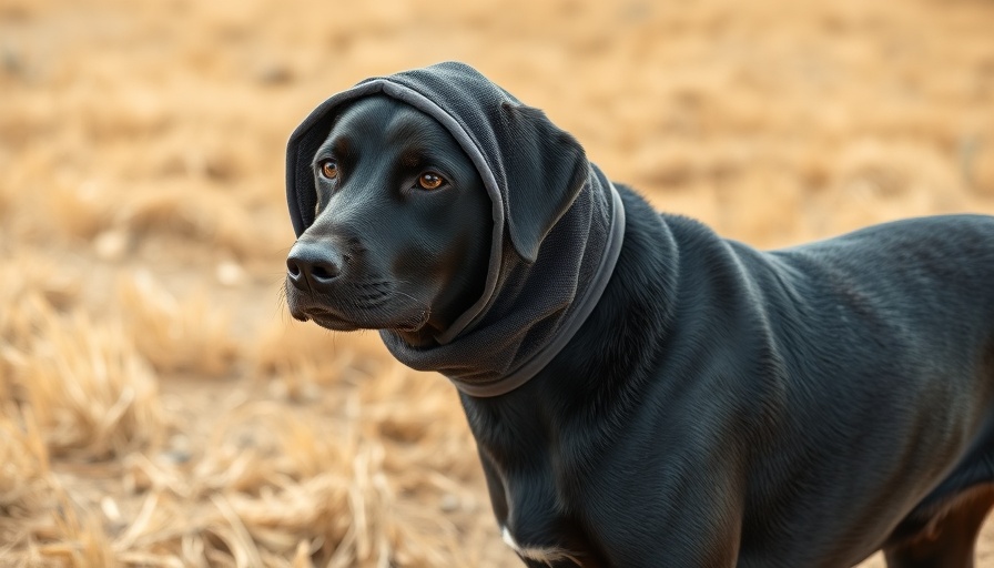 Dog protected from foxtails in field with hood