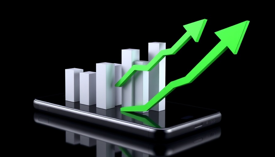 3D bar charts and growth arrow on smartphone screen.