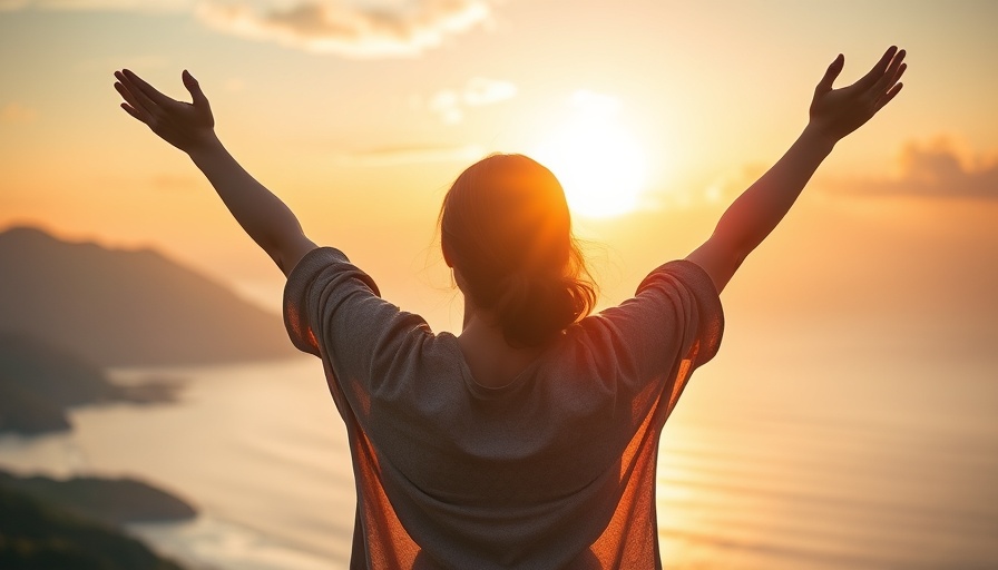 Empowered woman in nature at sunrise, symbolizing digital mental health support.