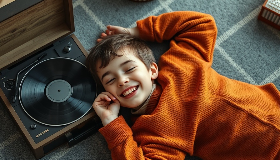 Young boy enjoying his first vinyl album with a vintage record player.
