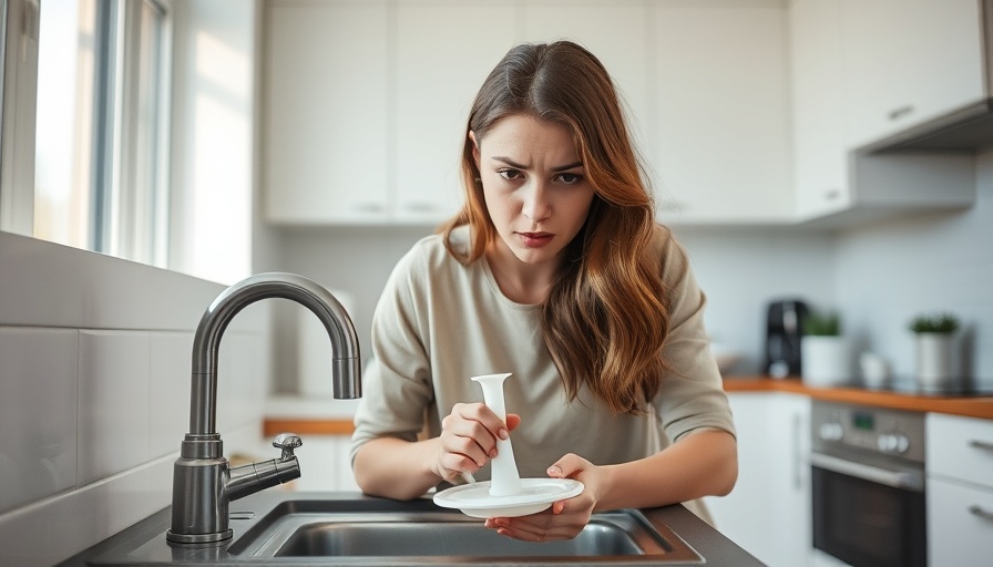 Young woman unclogging sink with plunger in bright kitchen.