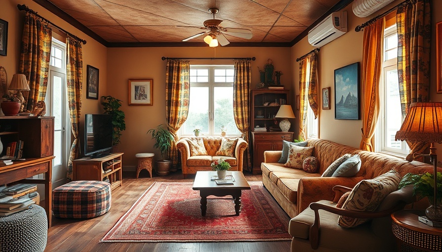 Cozy retro living room with colorful decor in homes for sale.