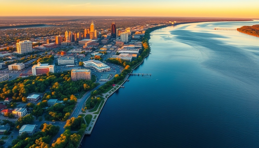 Aerial view of Newport News VA skyline and waterfront at sunset.