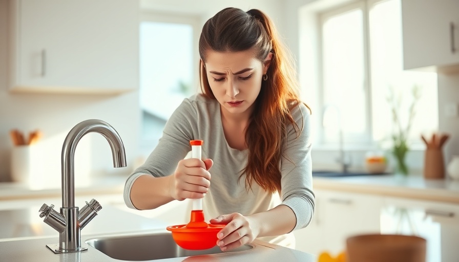 Frustrated woman unclogging sink in bright kitchen.