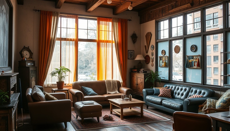 Cozy vintage living room showcasing generational home design with colorful curtains.