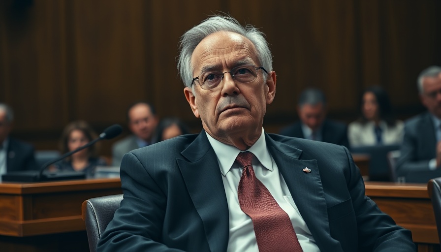 Formal elderly man at hearing desk with microphone, thoughtful.