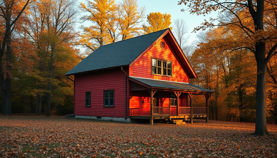 Charming red house amid autumn trees at sunset.