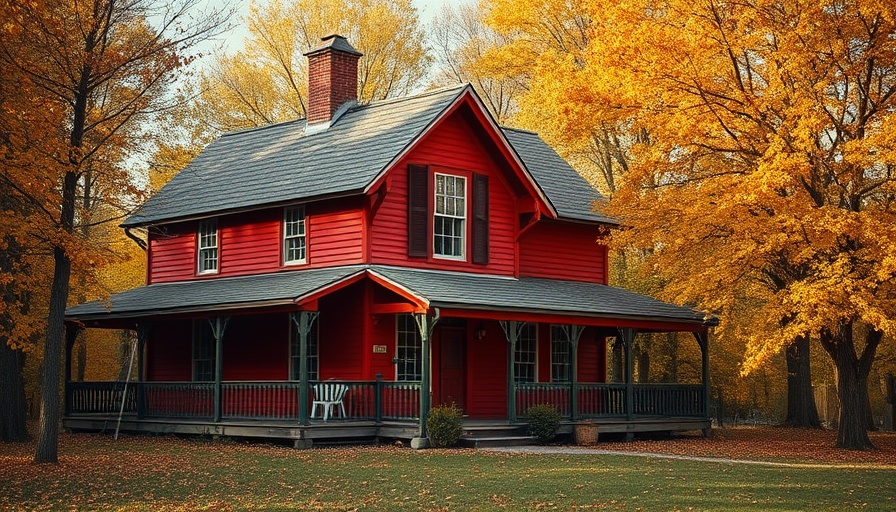 Charming red wooden house amidst autumn foliage.