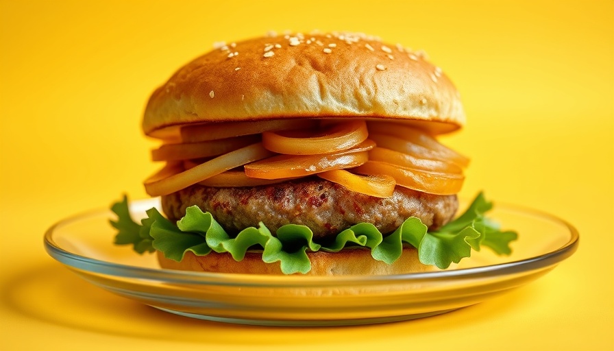 Delicious sweet onion burger on plate with yellow backdrop in Mill Valley.