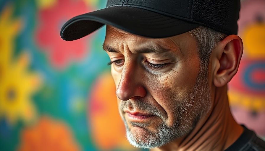 Pensive man in black cap with colorful background.