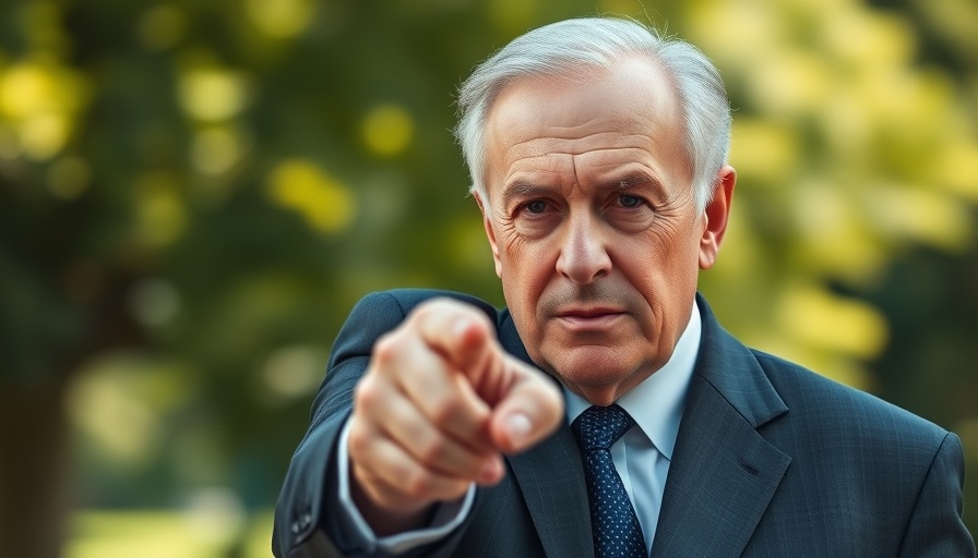 Older man in suit with red tie pointing outdoors.