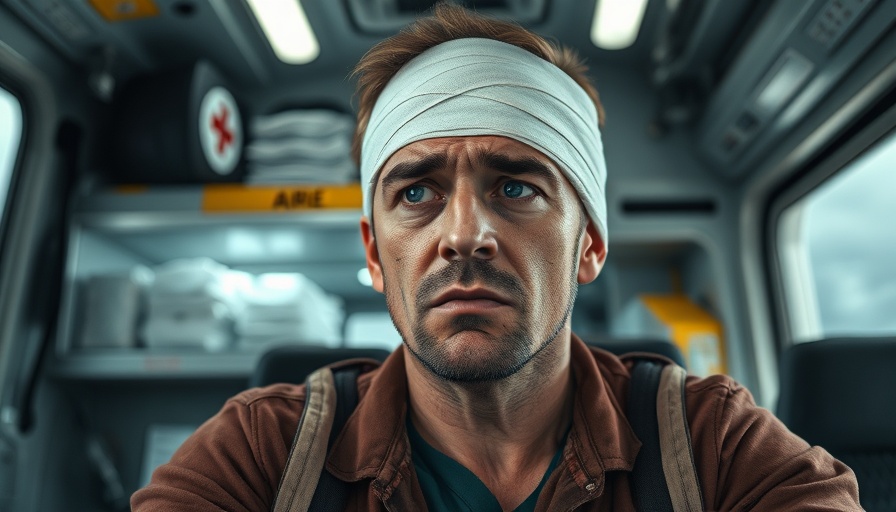 Injured man in ambulance with medical supplies.