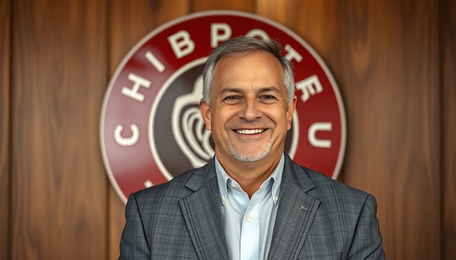 Chipotle CEO Strategy: Confident man in gray suit with logo background.