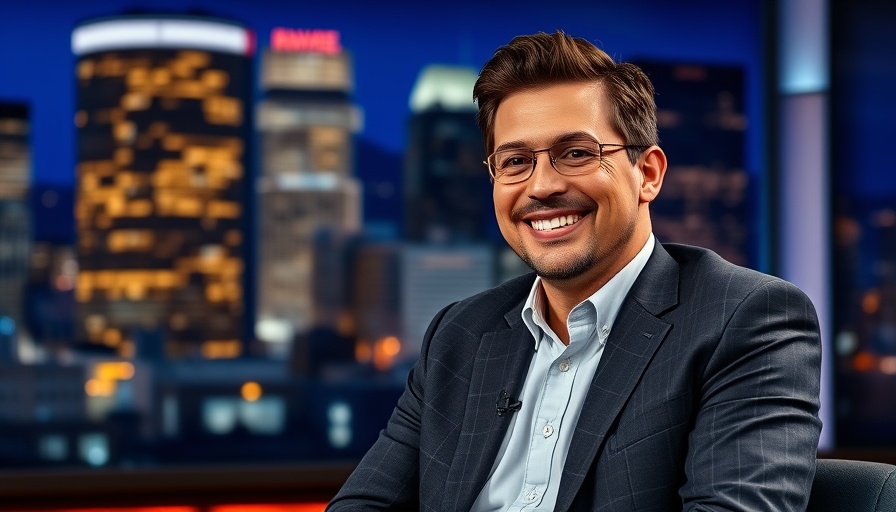 TV host smiling on set with cityscape, capturing success.