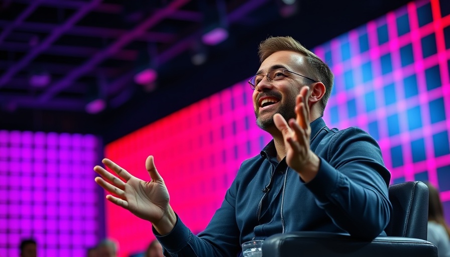 Speaker gesturing at a conference amid vivid neon lighting.