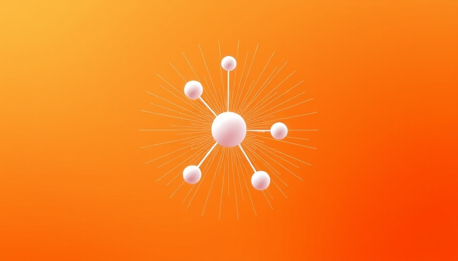 Abstract art depicting a white molecule on an orange gradient background.