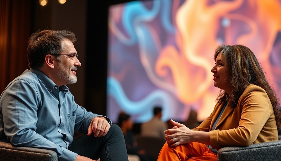 Casual conference discussion with colorful digital backdrop.