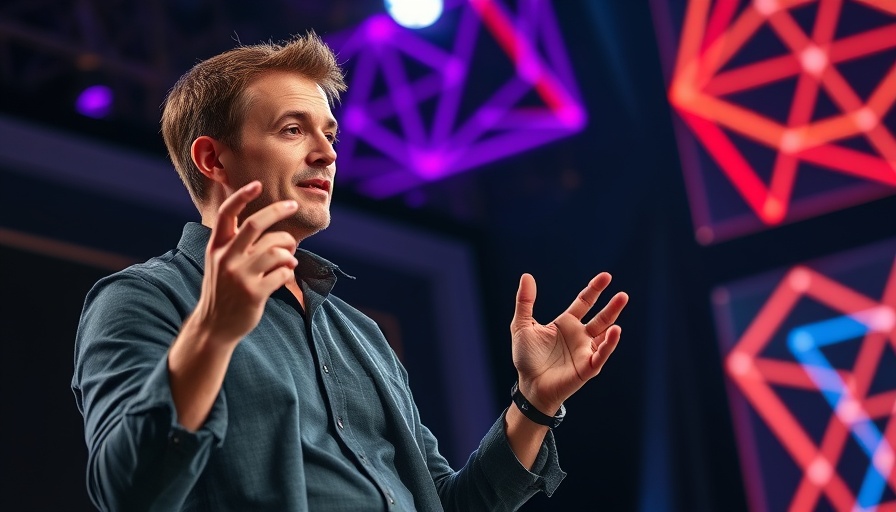 Person engaging in discussion on tech stage, vibrant geometric lighting.