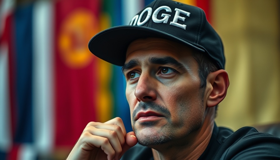 Man in 'DOGE' cap appearing thoughtful amidst colorful flags.