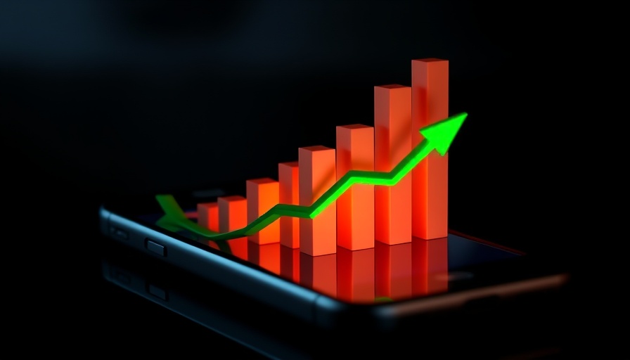 3D stock market graph with growth arrow on smartphone screen.