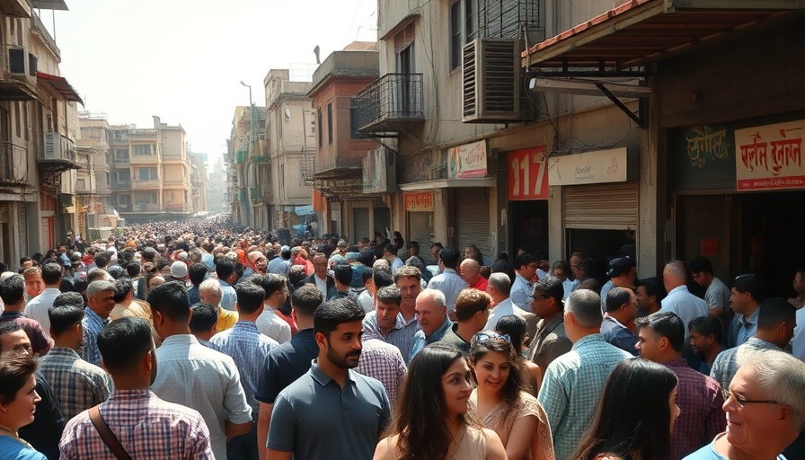 Crowded urban scene during Gaza aid distribution.