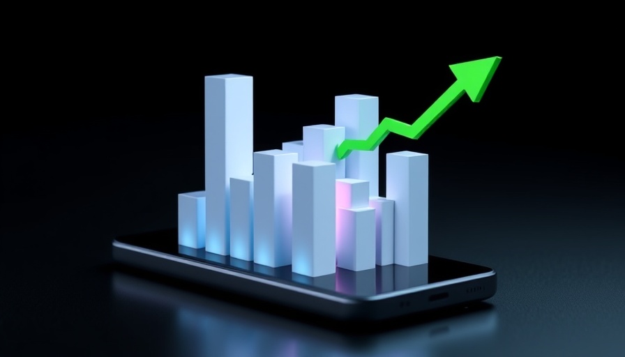 Stock market news illustration with rising bar chart on phone.