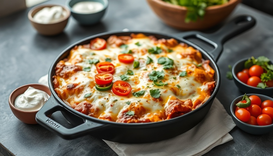 One-Pan Enchilada Skillet Recipe with toppings on gray surface.