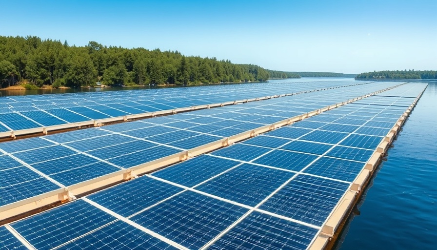 Floating solar panels on calm water, clean energy in Southeast Asia.