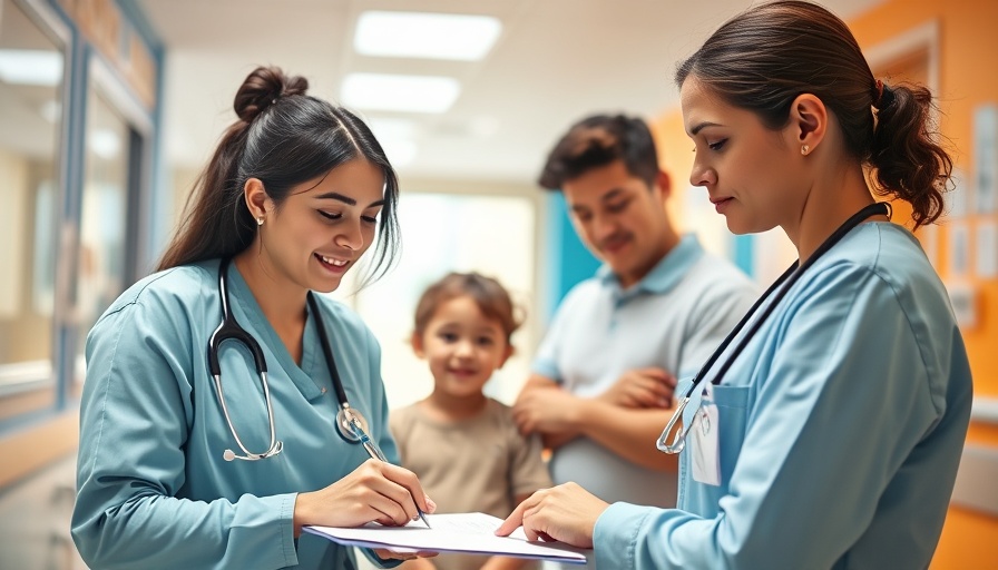 Nurse assisting family in a colorful clinic, illustrating sustainable healthcare practices.