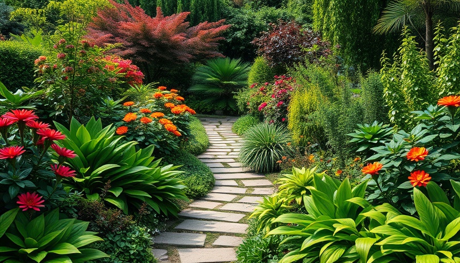 Lush wildscaped garden path with vibrant greenery.