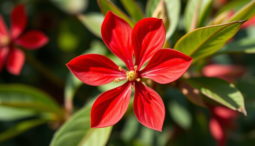 Close-up of vibrant Carolina allspice flower, showing blooming red petals.