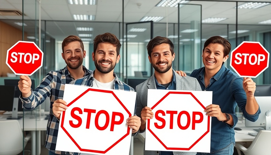 Young men holding stop signs in a modern office.
