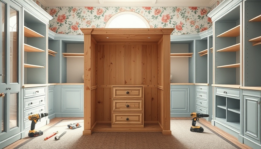 DIY walk-in closet island under construction, floral wallpaper background.