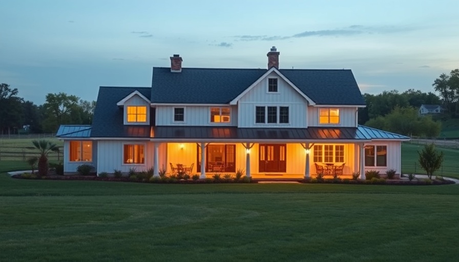 Modern farmhouse in exurban setting with glowing evening lights.